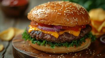 AI generated Close up view of delicious cheeseburger. Fast food concept. photo