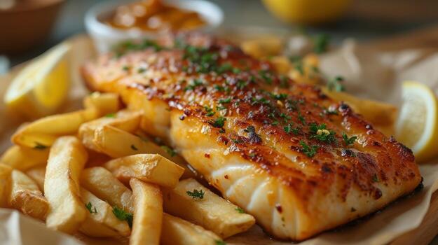 AI generated Close up view of delicious fish and chips. Fast food concept. photo