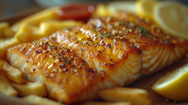 AI generated Close up view of delicious fish and chips. Fast food concept. photo