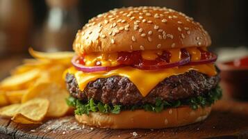 AI generated Close up view of delicious cheeseburger. Fast food concept. photo