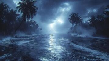 AI generated a mysterious atmosphere with a tornado storm in the ocean at night, with palm tree silhouettes creating eerie shadows. photo