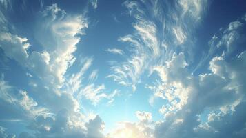 AI generated a clear blue sky scene with a trail of wispy Cirrus clouds and fine grains. photo