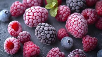 AI generated Frozen Berry Medley Strawberries, Blueberries, frozen berries background. photo