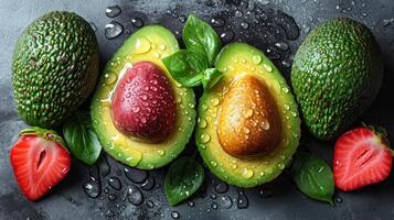 AI generated Beautiful cuts of avocado, a creative layout to emphasize the fruit's softness and deliciousness, a few drops of water. photo