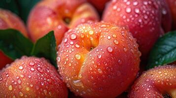 AI generated fresh peaches with water drops background. photo