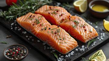 ai generado perfectamente salmón filetes congelado comida fruto de mar. foto