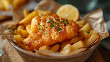 Close up of fish and chips with french fries. Fast food concept. photo