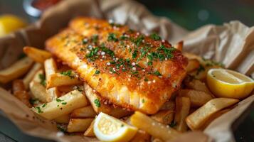 Close up of fish and chips with french fries. Fast food concept. photo