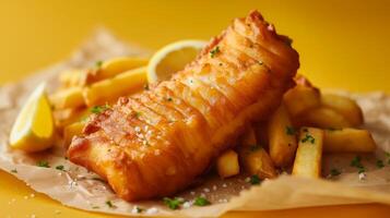Close up of fish and chips with french fries with yellow background. Fast food concept. photo