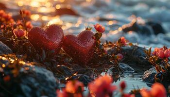 Love blossoms in a heart-shaped space, a romantic scene painted with whispers, kisses, and shared dreams photo