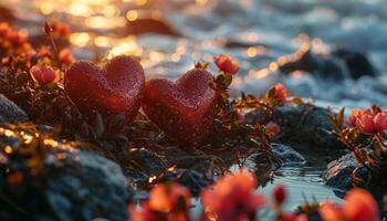 amor flores en un en forma de corazon espacio, un romántico escena pintado con susurros, besos, y compartido Sueños foto