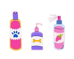 Vector set of pet care cosmetics. Conditioner, shampoo and cologne spray. Products for pet groomers and owners in flat trendy colorful style. Dog and cat washing supplies isolated cliparts