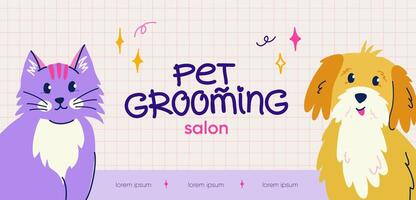 Pet grooming website banner design. Cute cat and dog in flat trendy style. Vector template with handwritten typography