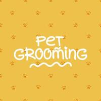 Pet grooming concept. Cute yellow paw print pattern. Vector background design with handwritten typography for branding, post, banner, poster, postcard