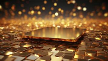 AI generated Glossy golden square podium among thousands of falling golden confetti. photo