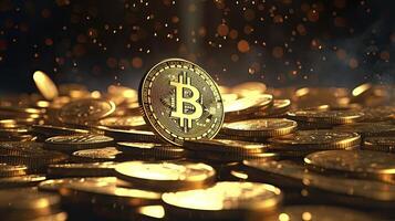 AI generated Shimmering golden bitcoins cascading in slow motion, aesthetic style, photo