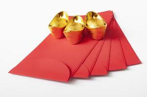 Chinese New Year red packet and golden ingot with customizable space for text or wishes. Chinese New Year celebration concept. photo