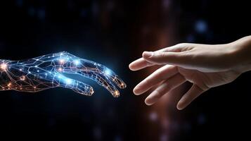 Exploring Human and AI Hands in Symbiotic Connectivity. Futuristic and AI concept. photo
