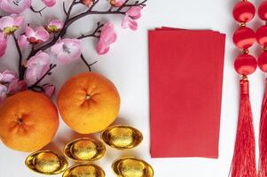 Top view of red packet with customizable space for text or greetings. Lunar celebrations photo