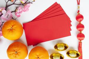 Top view of red envelopes with customizable space for text or greetings. Copy space photo