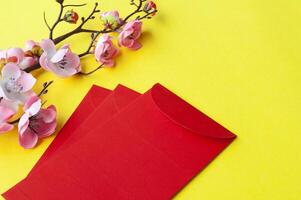 Chinese New Year red packet with customizable space for text or wishes. Chinese New Year celebration concept photo