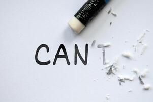 Pencil eraser erasing cannot into can. Motivational and inspirational concept photo