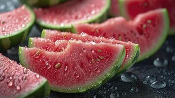 AI generated Piles of fresh watermelons slices filled the entire space. wet with water droplets, photographed from above. photo