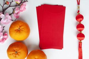 Chinese New Year red envelope with customizable space for text or greetings. Copy space photo