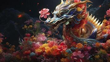 AI generated Happy chinese new year the dragon zodiac sign with flower, lantern, chinese elements on color background. made from resine luxury style. 3d render, transparent resine. photo