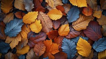 AI generated Pile of colorful autumn leaves on the ground. Autumn background. photo