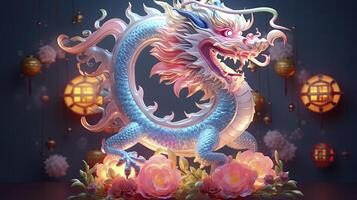 AI generated Happy chinese new year the dragon zodiac sign with flower, lantern, chinese elements on color background. made from resine luxury style. 3d render, transparent resine. photo