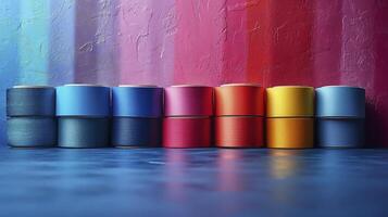 AI generated rolls of colorful ribbons lined up. photo