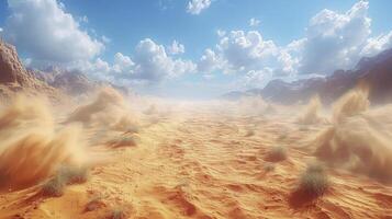 AI generated sand tornadoes in the desert surrounded by green oasis views. photo