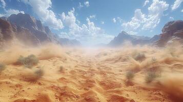 AI generated sand tornadoes in the desert surrounded by green oasis views. photo