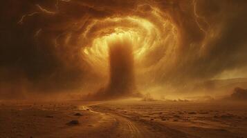 AI generated The sky was dark with thunder rumbling, as a sand tornado crossed the desert. photo