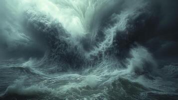 ai generado un dramático atmósfera con un tornado tormenta en el Oceano acompañado por alto olas golpear el costa. foto