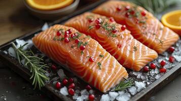 ai generado perfectamente salmón filetes congelado comida fruto de mar. foto