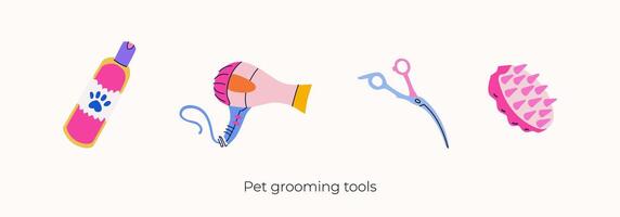 Vector cliparts set of pet grooming tools. Hair dryer, curved scissors, shampoo and rubber brush. Equipment for professional groomers in flat trendy colorful style