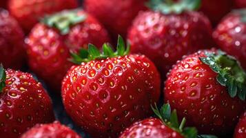 AI generated Strawberries background. Red strawberries arranged in a visually pleasing manner, with sparkling water droplets for a tempting appearance, full of frame, fresh vibe. photo