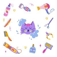 Pet grooming concept. Cute bathing cat in soapy foam. Set of equipment, tools and cosmetics for grooming. Vector frame in flat cartoon style for branding, post, banner, postcard