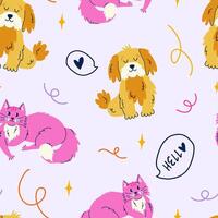 Seamless pattern with adorable cat and dog. Hello speech bubble - hand drawn lettering. Vibrant and modern vector background for stylish cover, cases, wallpaper, prints, wrapping, textile