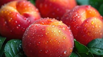 AI generated fresh peaches with water drops background. photo