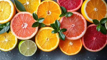 AI generated An elegant background with slices of various citrus fruits like oranges, lemons, and limes arranged artistically for a freshness. photo