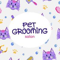 Pet grooming concept. Cute cat pattern. Set of equipment, tools and cosmetics for grooming. Vector background with signboard and typography for branding, post, banner, poster, postcard