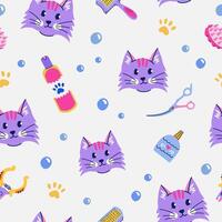 Seamless pattern with cute cat, shampoo, nail clippers, scissors. Pet grooming concept. Vibrant and modern vector background for social media, posts, prints