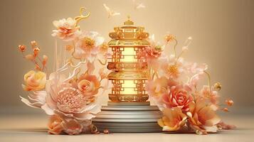 AI generated Happy chinese new year the dragon zodiac sign with flower, lantern, chinese elements. made from resine luxury style. 3d render. photo