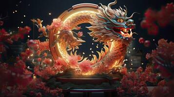 AI generated Happy chinese new year the dragon zodiac sign with flower, lantern, chinese elements on color background. made from resine luxury style. 3d render, transparent resine. photo