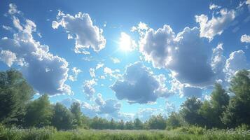 AI generated a clear blue sky scene with a trail of wispy Cirrus clouds and fine grains. photo