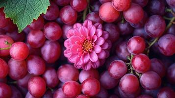 AI generated Red Grapes background. Neatly arranged clusters of red grapes, an artistic arrangement to highlight the color and beauty. photo