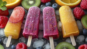 AI generated Fresh fruit popsicles on a white table. fruit popsicles, kiwi, strawberry, orange. Sweet desert background. photo